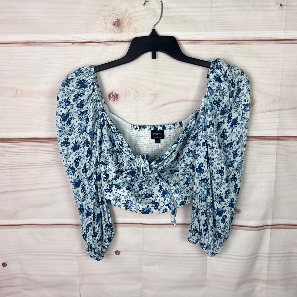 Bardot Top Womens S US 4 Blue Floral Crop Blouse Off The Shoulder Smocked Cotton